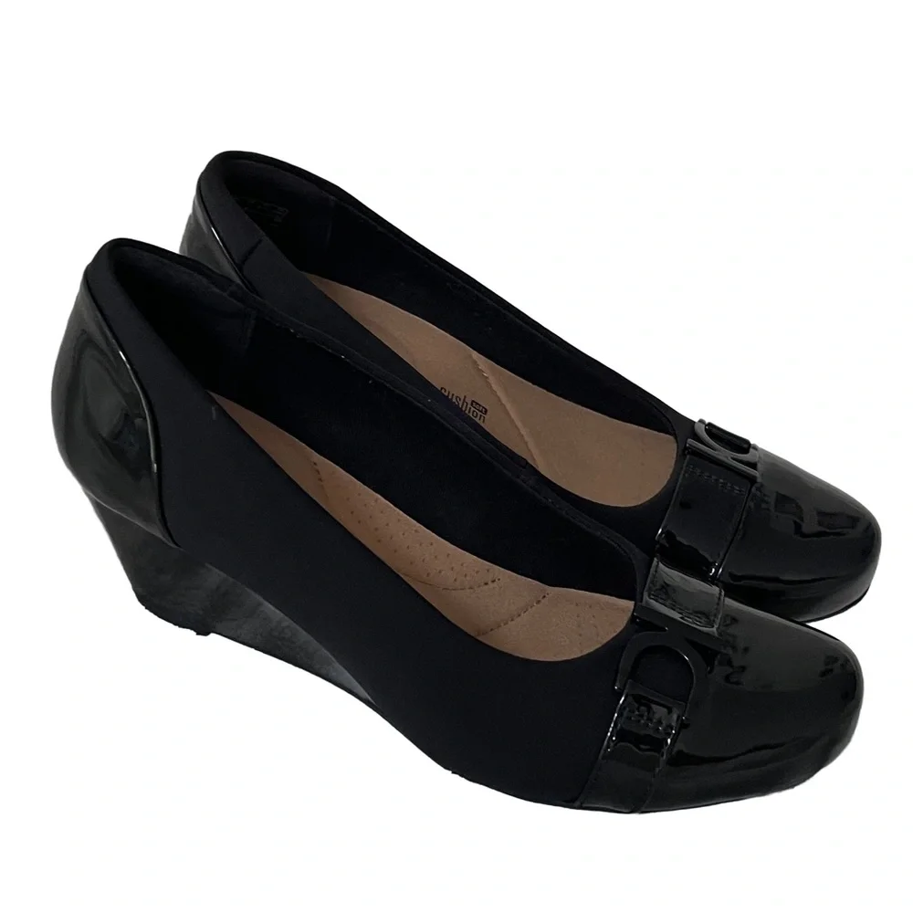 Clarks Black Wedge Pump with Patent Accent